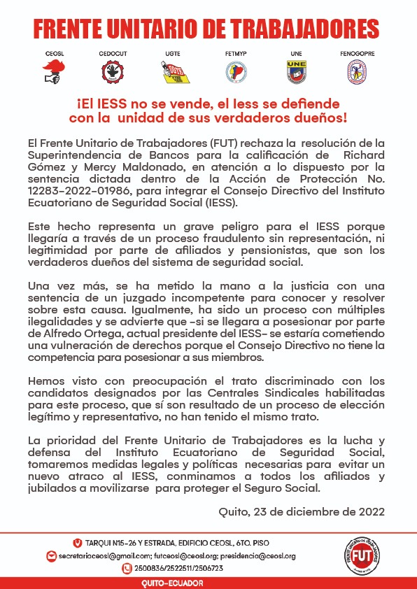 ArellanoMarce1's tweet photo. INDIGNANTE, en medio de las fiestas dicembrinas, el presidente @LassoGuillermo  intenta tomarse el @IESSec.
El #FUTEcuador no lo permitirá
#ElIESSSeDefiende https://t.co/lzG4zHjKKY