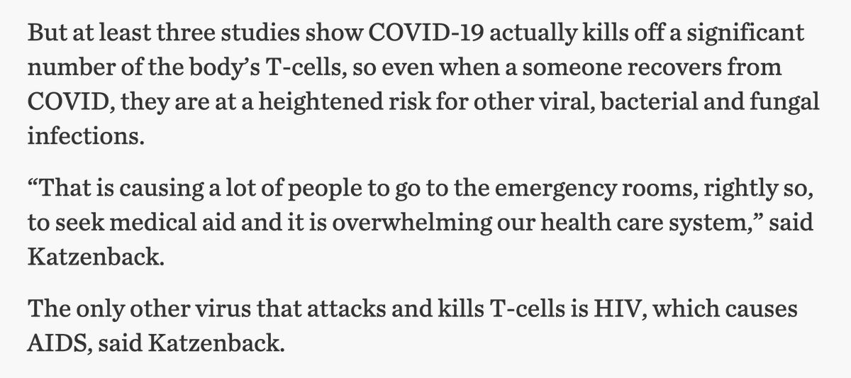 alexlo03's tweet photo. "The only other virus that attacks and kills T-cells is HIV, which causes AIDS, said Katzenback." https://t.co/WbCkL8oheH