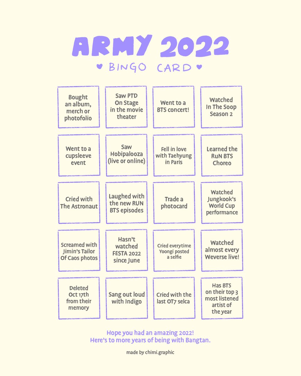 al 🐹🌷 • indigo⁷ on Twitter "RT chimigraphic ARMY BINGO CARD! Feel
