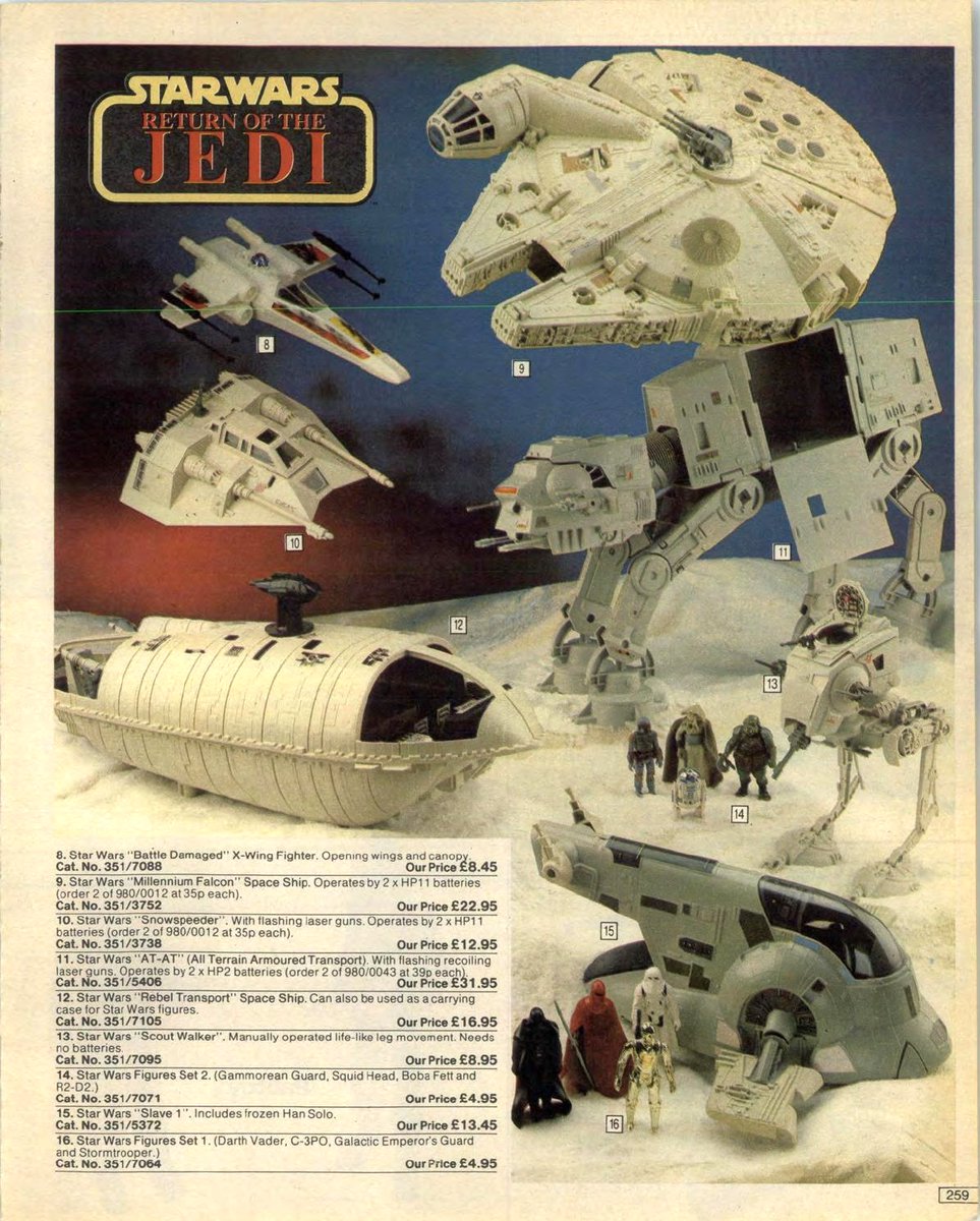 reactionfigure's tweet photo. Star Wars: Return of the Jedi (with many items repackaged from The Empire Strikes Back) toys in the 1983 UK Autumn/Winter Argos catalogue. https://t.co/WJlt0GYJio
