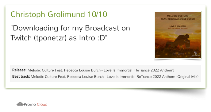 LiftedLabelGrp's tweet photo. Christoph Grolimund reviewed @melodicculture - Love Is Immortial ReTrance 2022 Anthem (Original Mix). 10/10   @melodicculture #rebeccalouiseburch #liftedtrancem https://t.co/s095zRkV5Y