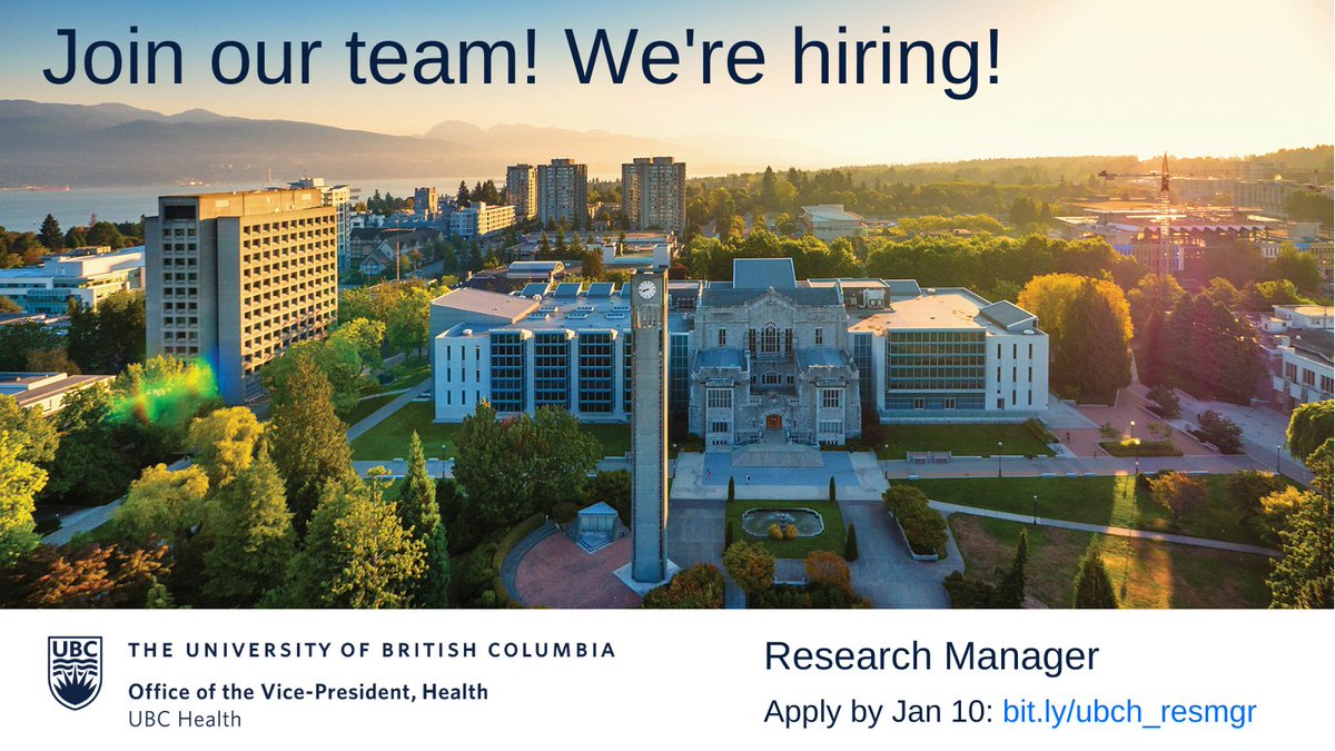 We're hiring! The Research Manager will be responsible for the strategic planning, development, implementation, and evaluation of interdisciplinary research initiatives across UBC Health. Posting closes Jan 10 at 11:59 pm. More info/apply: bit.ly/ubch_resmgr