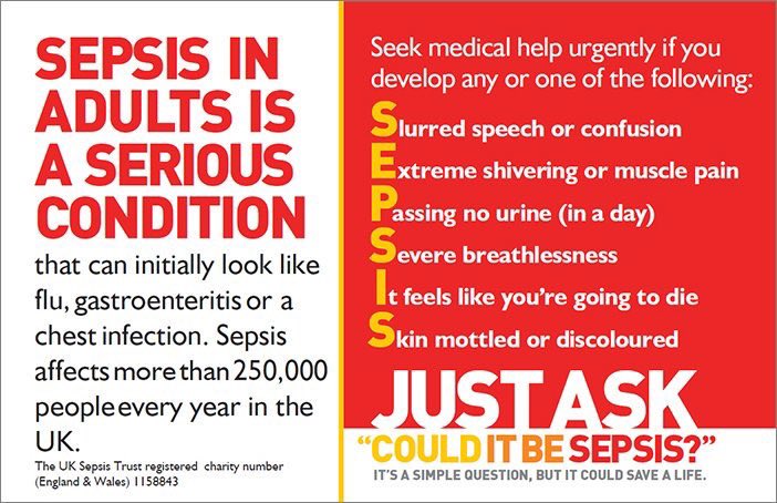 I’m on call tonight. We’re seeing quite a number of prev. healthy people crushingly sick with #sepsis with a Streptococcal pneumonia on a background of ‘flu-like illness or ‘flu itself. PLEASE know the symptoms and if you have one with infection symptoms go STRAIGHT to A&E!!!