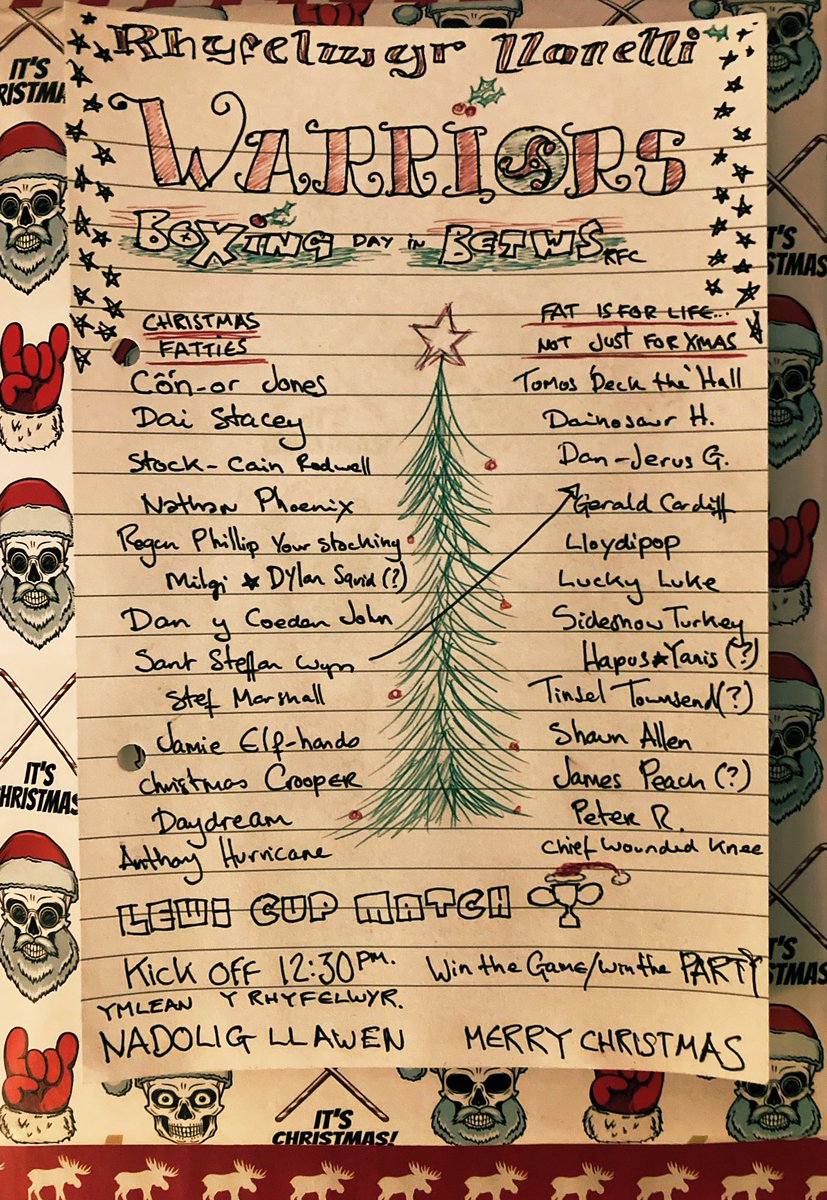 Squad for Boxing Day match V <a href="/Betwsrfc/">Betws RFC</a>
Extra colour for Christmas 🎅🏼
🏉12:30
<a href="/LewiCup/">Lewi Jones Mem Cup</a> Match
Start of a BIG day of rugby
All welcome
<a href="/AllWalesSport/">All Wales Sport</a> <a href="/LdWales/">Learning Disability Wales</a> <a href="/rlloydpr/">Robert Lloyd</a> @IncRugbyDC <a href="/AllWalesForum/">All Wales Forum</a> <a href="/AllWalesPF/">All Wales People 1st</a> <a href="/RnRRugby/">Ruck ’n’ Roll</a> @LinebreakRugby <a href="/cygwyllt/">cy gwyllt</a> <a href="/ActLlanelli/">ACT Llanelli</a> <a href="/sportcarms/">Chwaraeon a Hamdden Actif | Actif Sport & Leisure</a> <a href="/MencapCymru/">Mencap Cymru</a>