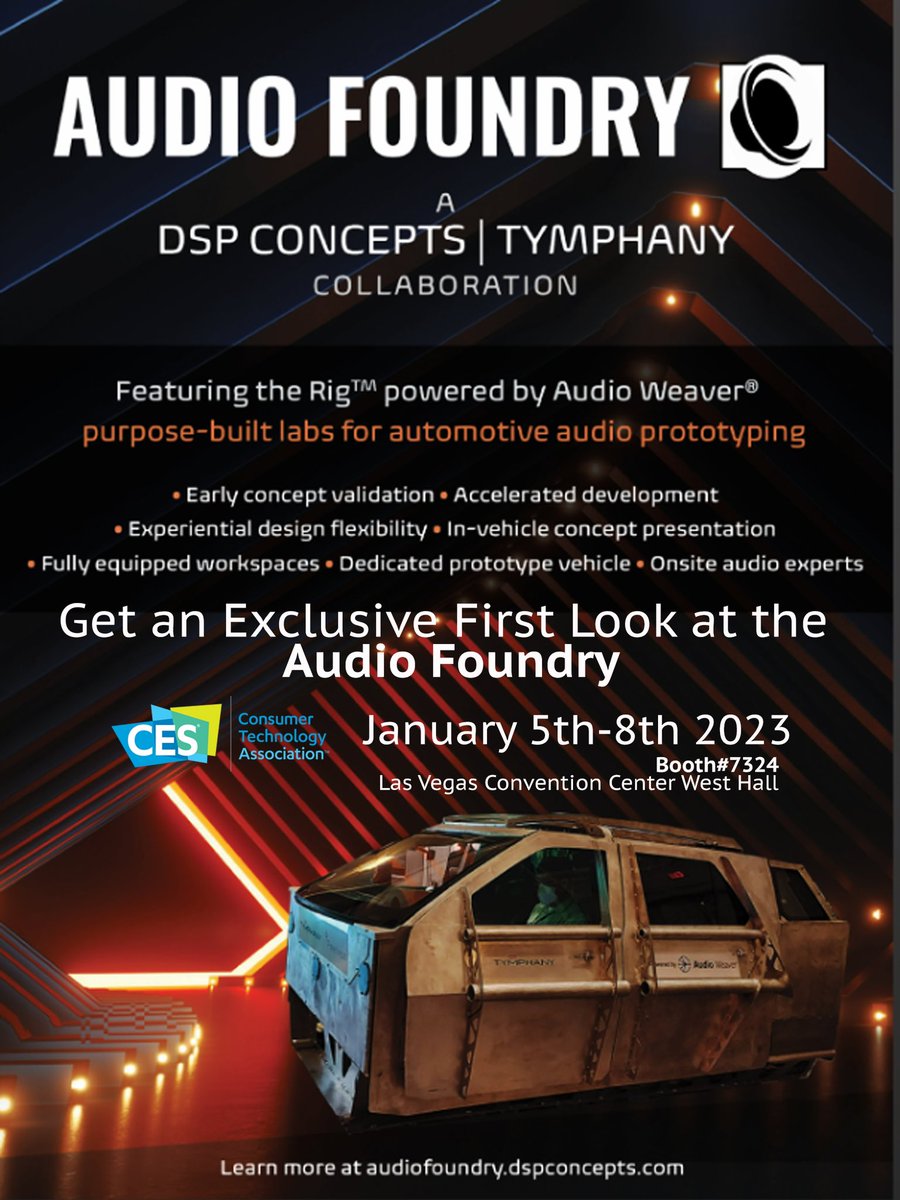 Tymphany's tweet photo. The Audio Foundry at CES 2023 automotive audio 2.0 exhibit installation in the Las Vegas Convention Center West Hall. Featuring the Rig powered by Audio Weaver, immersive audio, removeable speaker systems and onsite audio experts. 
 
#tymphany #peerless #dspconcepts #ces2023 https://t.co/eM5jxRPxKB