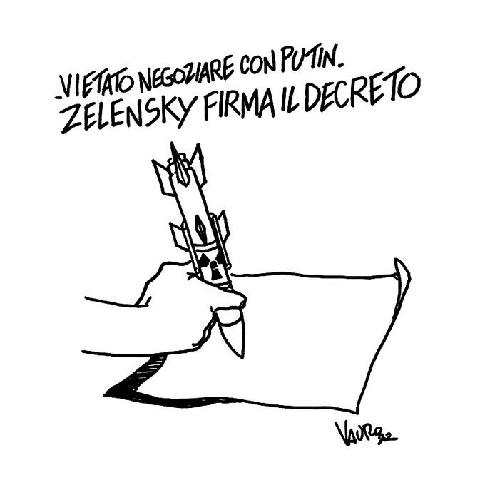 lucianocapone's tweet image. Ho fatto un giro sulle vignette pubblicate da Vauro su Twitter dall’inizio dell’invasione russa dell’Ucraina. Putin è l’obiettivo in una sola (ma è equiparato a Zelensky). Zelensky è invece oggetto di satira in almeno otto vignette, in genere presentato come un guerrafondaio.