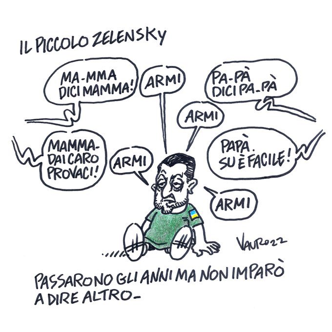 lucianocapone's tweet image. Ho fatto un giro sulle vignette pubblicate da Vauro su Twitter dall’inizio dell’invasione russa dell’Ucraina. Putin è l’obiettivo in una sola (ma è equiparato a Zelensky). Zelensky è invece oggetto di satira in almeno otto vignette, in genere presentato come un guerrafondaio.