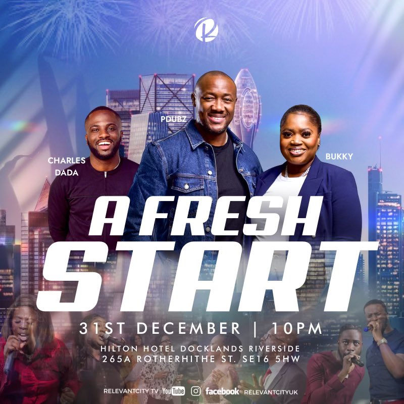 RelevantCityUK's tweet photo. Our final service of 2022. A Fresh Start. We will be live in the building from 9pm. This is not an event to be missed. Invite all your loved on a and let’s crossover together. https://t.co/hdPuaETndV