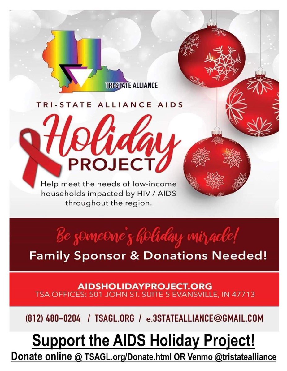 WallyPaynter's tweet photo. HELP NEEDED with the AIDS Holiday Project. Please DONATE &amp; SHARE this post

Donate online at https://t.co/PhcoltcVt2 OR VENMO or PAYPAL @TriStateAlliance 

Your help will make a real difference! #hiv #HIVpositive #AIDS #evansville #owensboro #carbondale #lgbtq https://t.co/TZ5SFrOuEg