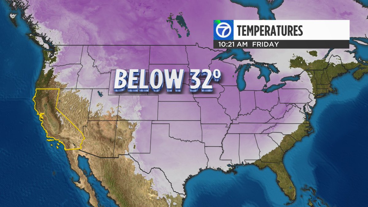 DrewTumaABC7's tweet photo. Bay Area/LA one of only a few places above 32° right now
(New Englands time is limited; about to plunge below freezing) https://t.co/ryOZBUI83n