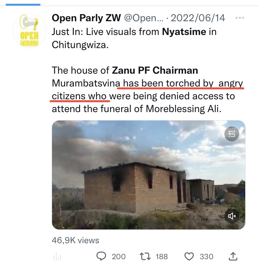 KMutisi's tweet photo. 1. Why @JobSikhala1 is in jail, &amp; may stay there a for some time. 

The MAJOR issue is in these👇 two pictures. 

Left: 14 June @OpenParlyZw: ZANU PF Chairman’s house burnt
Right: 25 June: @NewsHawksLive: same ZANU PF Chairman has died. 

And Job had VOWED to deal with ZANU PF https://t.co/smQieP2nMx