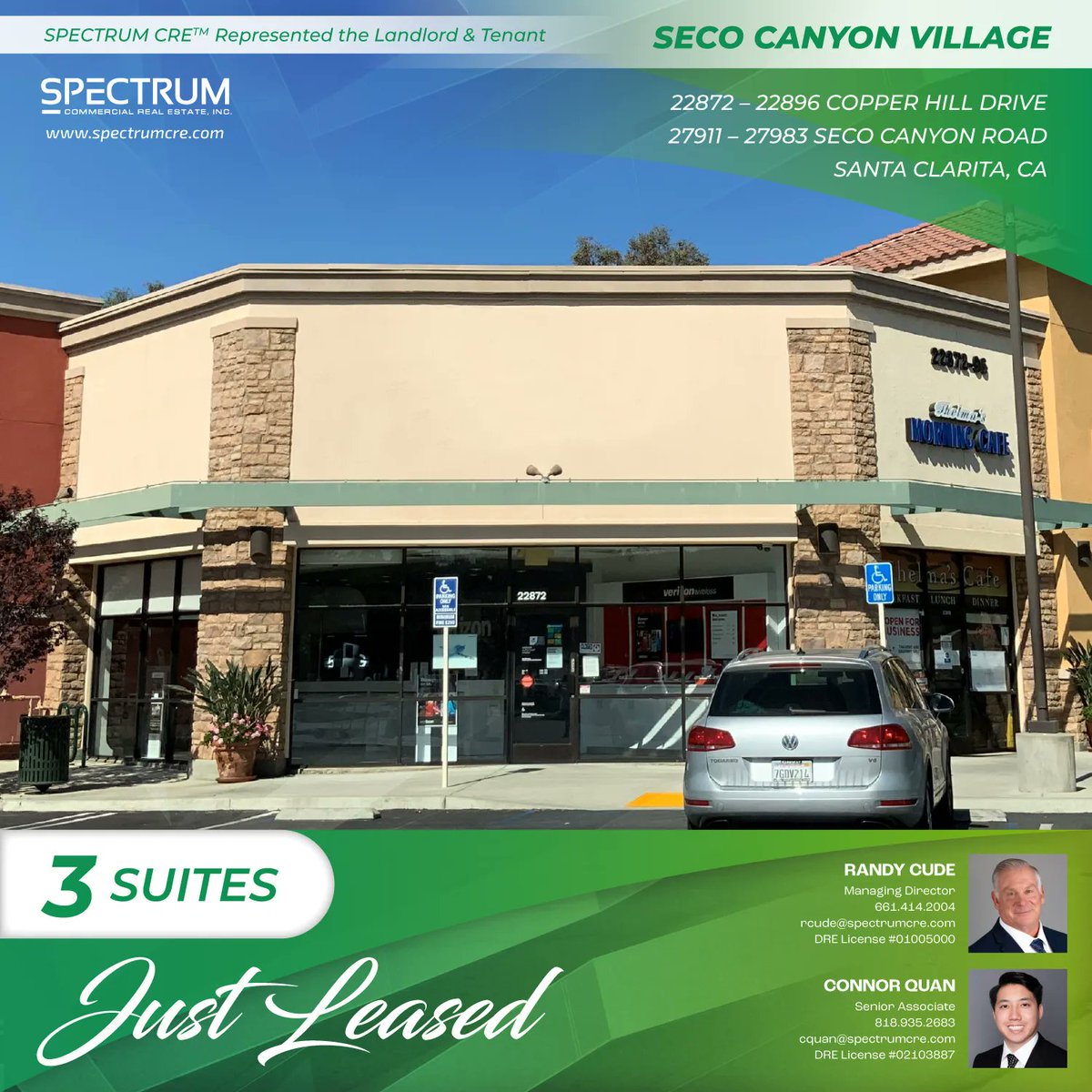 #JUSTLEASED: 3 #Retail Suites at the Seco Canyon Village, #SantaClarita, CA.  #Congratulations  Randy Cude &amp; Connor Quan!
.
.
.
#SpectrumCRE | #CRE |  #CommercialRealEstateBrokerage | #RealEstateNews | #CommercialRealEstateAgents | #CREAgent | #Broker | #Tradedla |