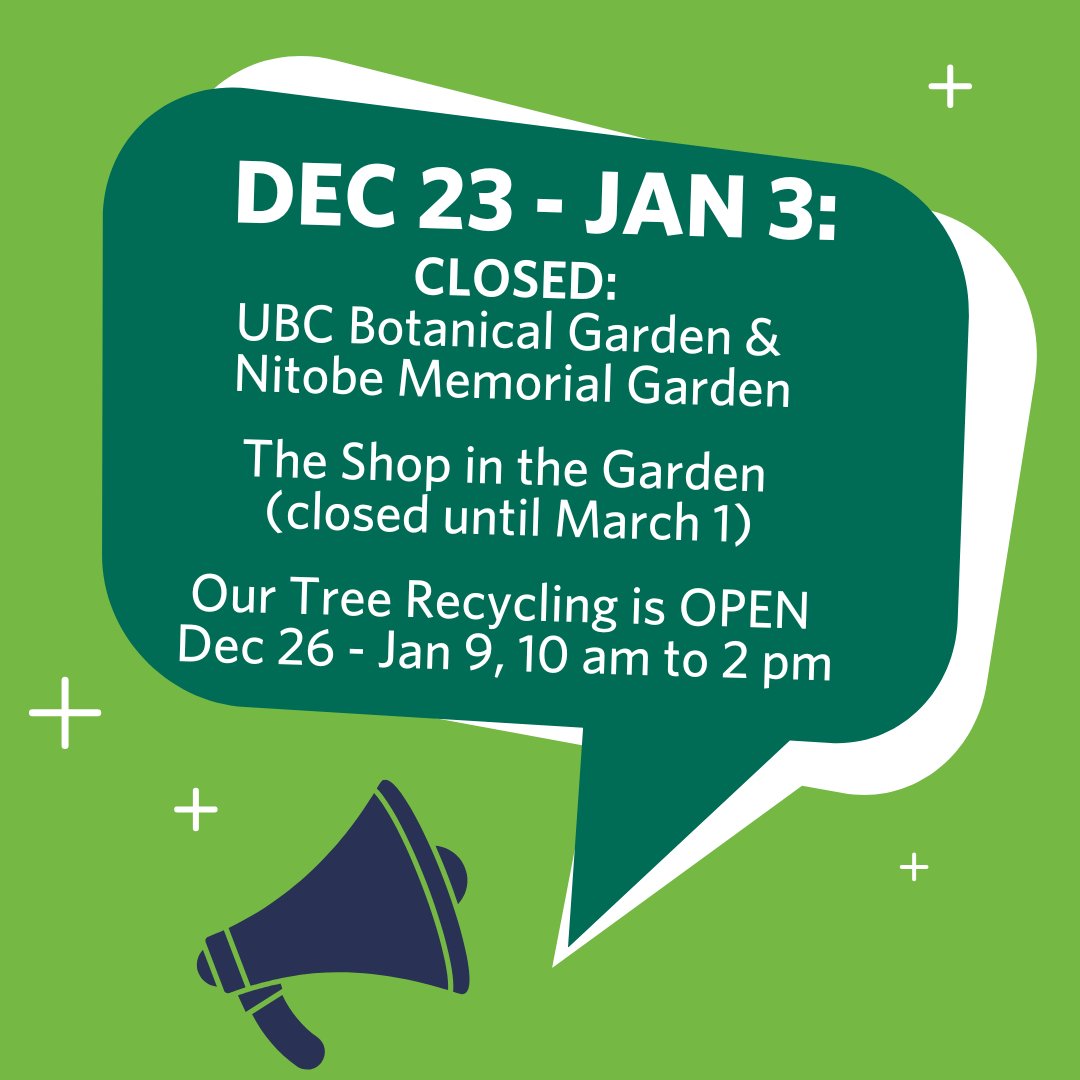 The Shop in the Garden is CLOSED and will reopen March 1. UBC Botanical Garden and Nitobe Memorial Garden are closed due to pathway conditions and risk of falling branches until Jan 4. Our Christmas Trees drop-off is open Dec 26 - Jan 9, 10 am - 2 pm. ow.ly/z6ei50MbGKx
