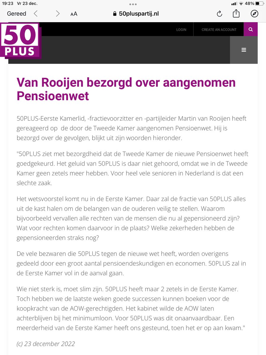 MvRooijen's tweet photo. .⁦@ADnl⁩ 50PLUS heeft  bezorgdheid over nieuwe Pensioenwet. 
50PLUS in Eerste Kamer haalt ALLES UIT DE KAST om de belangen van gepensioneerden veilig te stellen.
⁦@NUnl⁩ ⁦@volkskrant⁩ ⁦@trouw⁩ ⁦@FD_Nieuws⁩ ⁦@nrc⁩ ⁦@FNV⁩ ⁦@VNONCW⁩ https://t.co/ZA2O93O00t