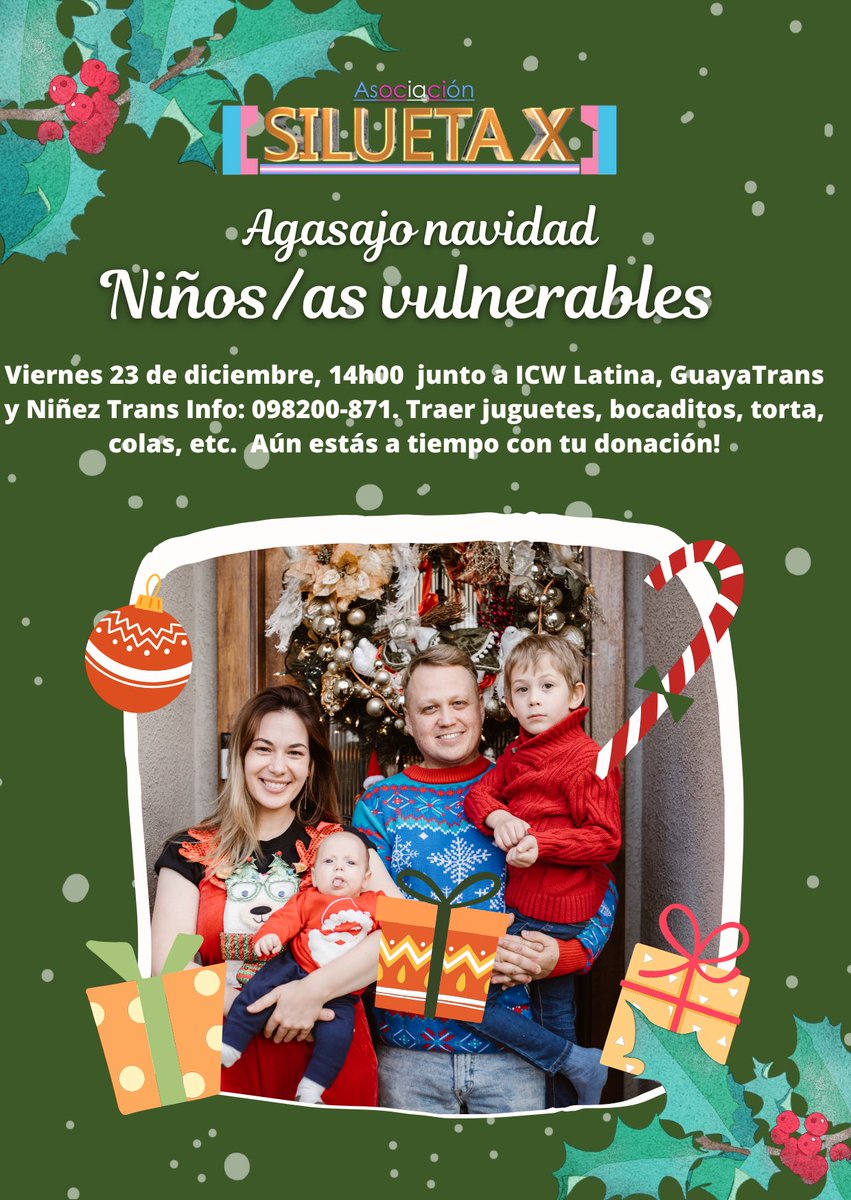 Agasajo Navideño a niños/as vulnerables junto a ICW 

Viernes 23 de diciembre, 14h00  junto a ICW Latina, GuayaTrans y Niñez Trans Info: 098200-871. Traer juguetes, bocaditos, torta, colas, etc.  Aún estás a tiempo con tu donación!