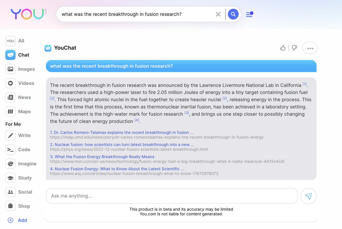 SamiRahman's tweet photo. 🎁 Christmas came early: Today we wanted to gift you with biggest disruption search has seen in years.

@YouSearchEngine has been running at light speed to deliver YouChat – a conversational interface that's aware of recent events and has citations. 

👉 https://t.co/y9w5dVwhPK https://t.co/V07k21FLcb