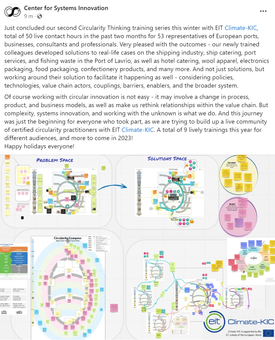 CSI_eu_'s tweet image. It was a pleasure to lead two #CircularityThinking trainings this winter with 50+ contact hours to port and business professionals with amazing colleagues, great discussions, and lots of innovative #circular solutions for @ClimateKIC! Happy holidays!