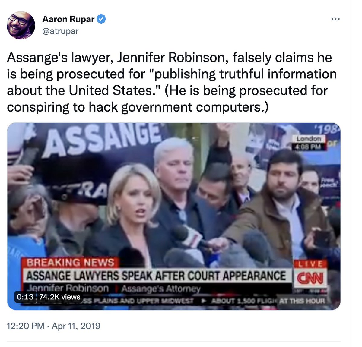 Three out out of the 4 journalists prancing around like Free Press martyrs because they got a 12-hour Twitter ban have never once mentioned Julian Assange.

The fourth, <a href="/atrupar/">Aaron Rupar</a>, has frequently mentioned him: to cheer the Trump and Biden DOJs for imprisoning him.