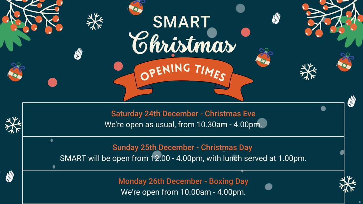 SMART will be open on Christmas Eve, Christmas Day, and Boxing Day - so come down and see us 😊. #Charity #Christmas #Chelsea #Community #Support