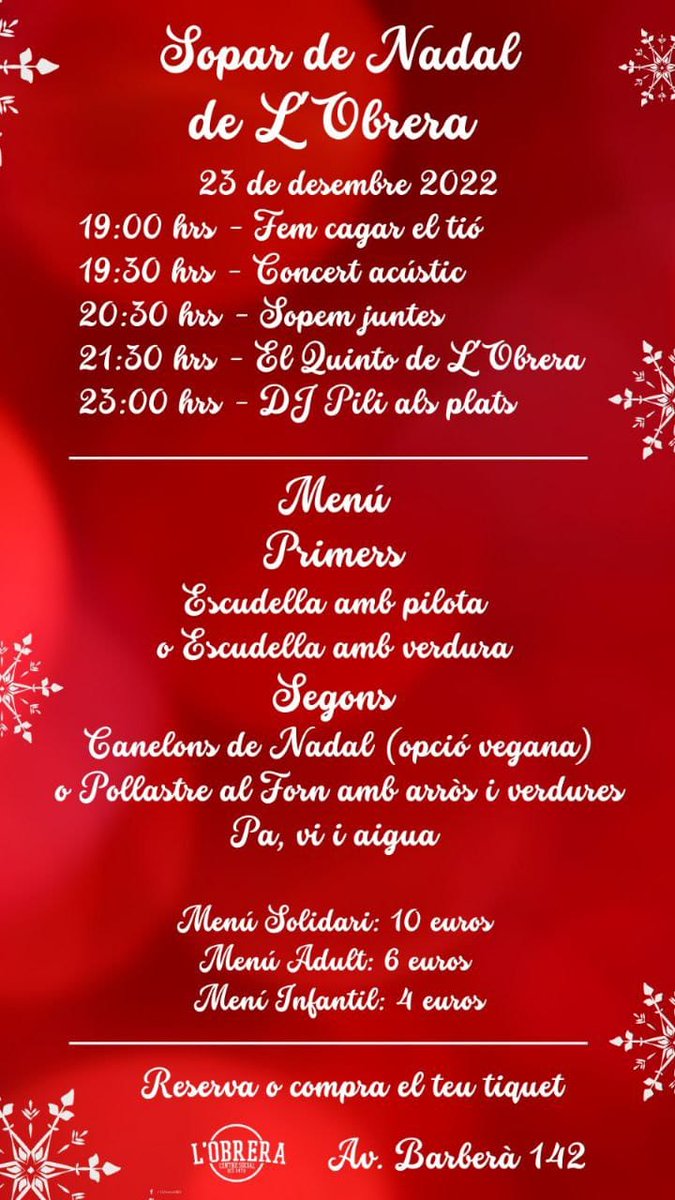 Hoy tenemos en La obrera cena solidaria nadalenca y gresca 🎉🎉
Estáis invitados