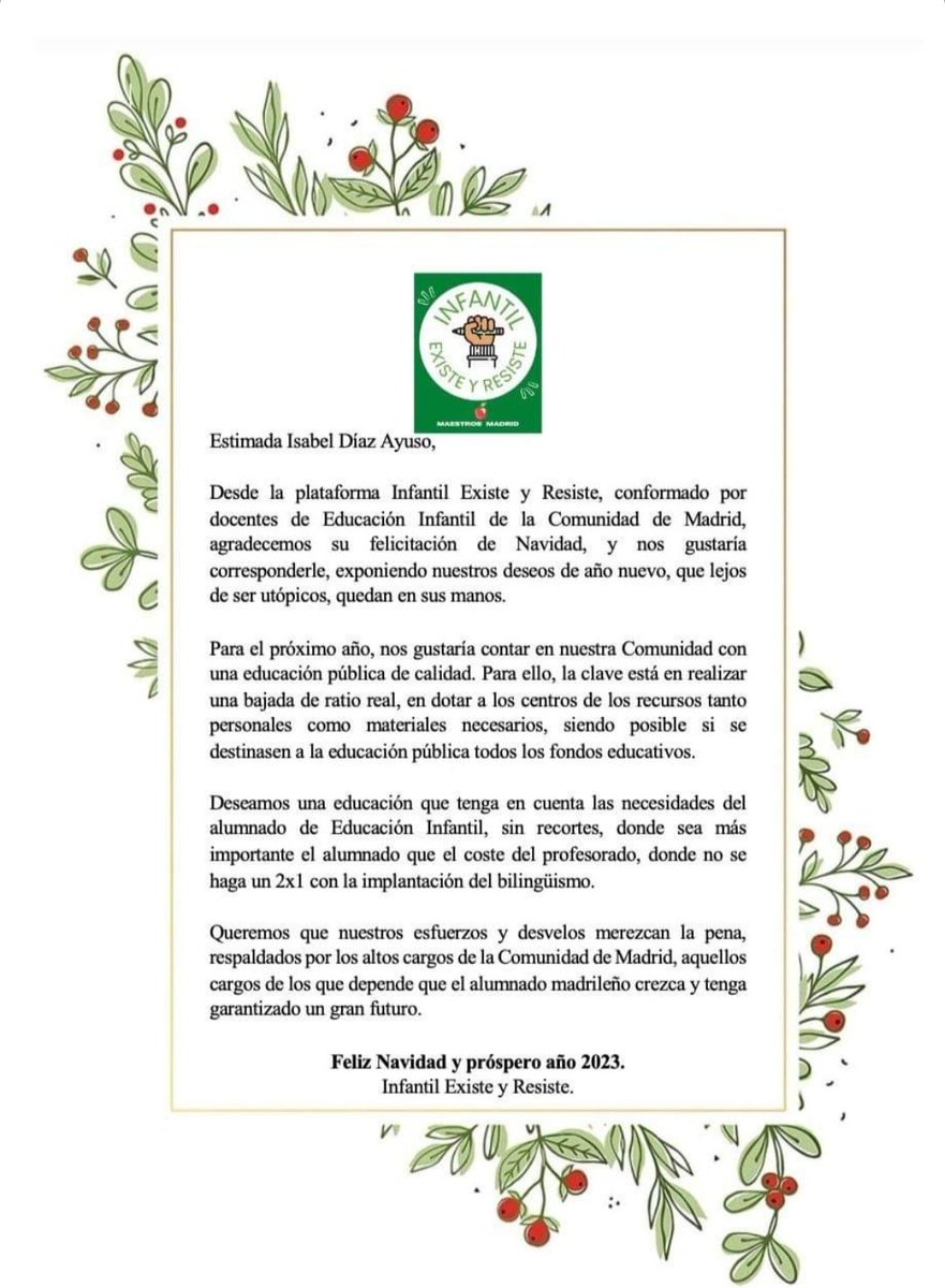 LauriGuijarro's tweet photo. @IdiazAyuso @infantilexiste Por una educación pública de calidad en la Comunidad de Madrid. #CartaDocente #FelizNavidadAyuso https://t.co/0d4Lo5g86J
