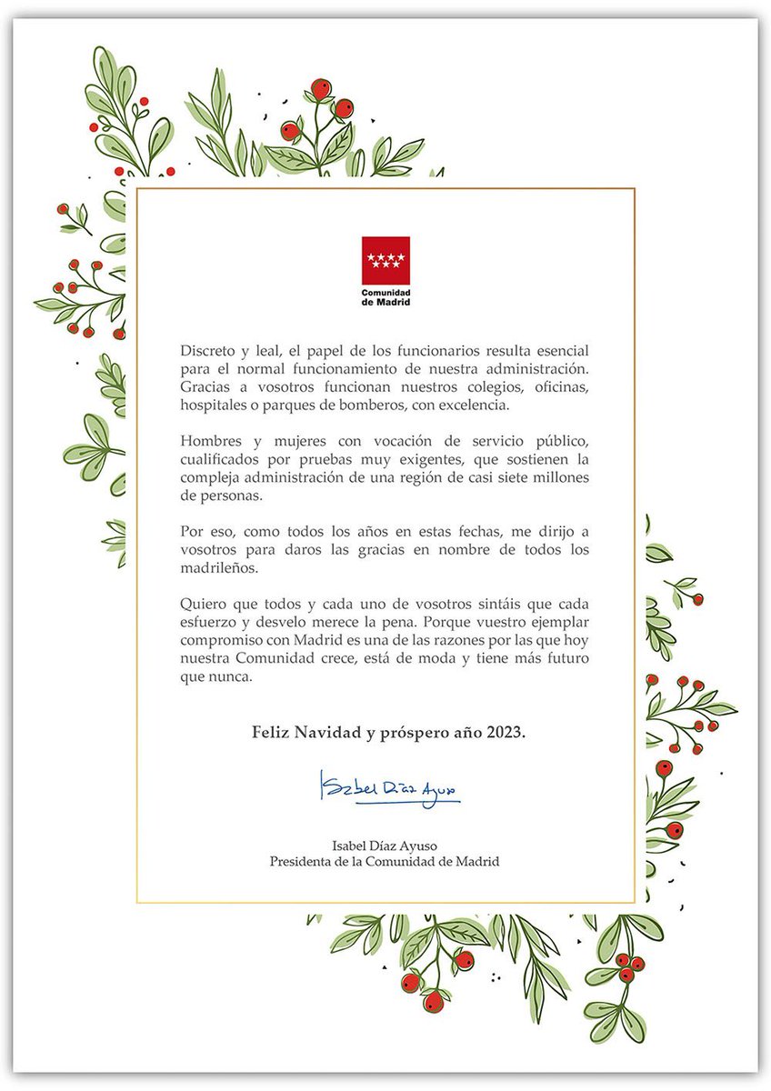 MartaBrihuega2's tweet photo. Hipócrita felicitación navideña que nos manda @IdiazAyuso. Cuida el servicio público con hechos no con palabras!! (Contestación en el siguiente tweet) #CartaDocente #FelizNavidadAyuso #infantil #primaria #educaciónmadrid #madrid #infantilexisteyresiste #primariaexisteyresiste https://t.co/qjBb0FZCn1