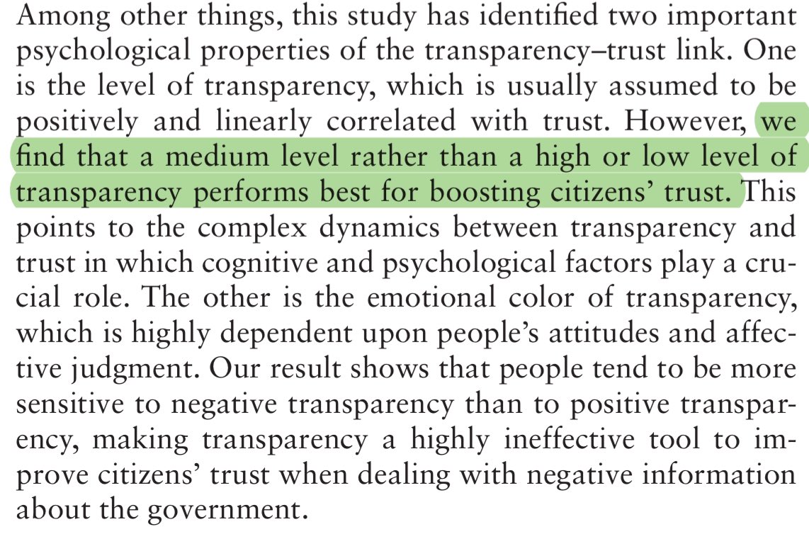 One the things that transparency policy thinking (for both governments and platforms) hasn’t really grappled with is that transparency past a certain point seems to reduce user/citizen trust. Now seems to be a robust result.

academic.oup.com/jpart/advance-…