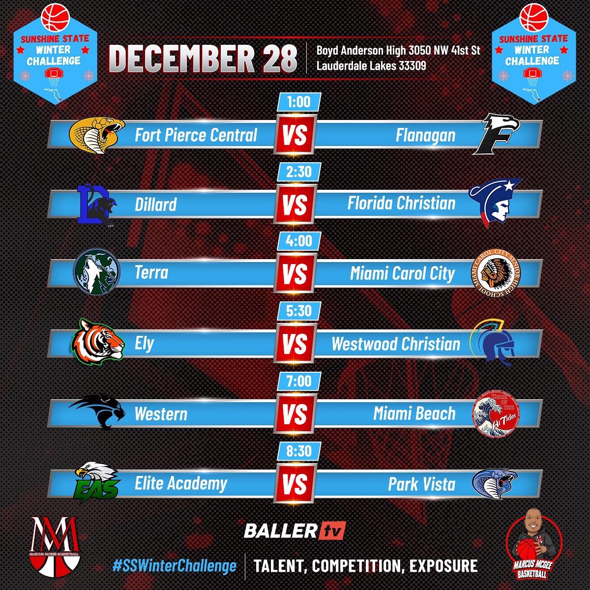MMcGeeBball's tweet photo. 🚨PRESS RELEASE🚨

The 3rd Annual Sunshine State Winter Challenge is back in Ft Lauderdale December 28-30

The 15 team field will feature some of the Florida top individual players, and teams

Visit https://t.co/GY2OjCijM8

Live Stream by @BallerTV 

#SSWinterChallenge https://t.co/Bib5ZITH7t