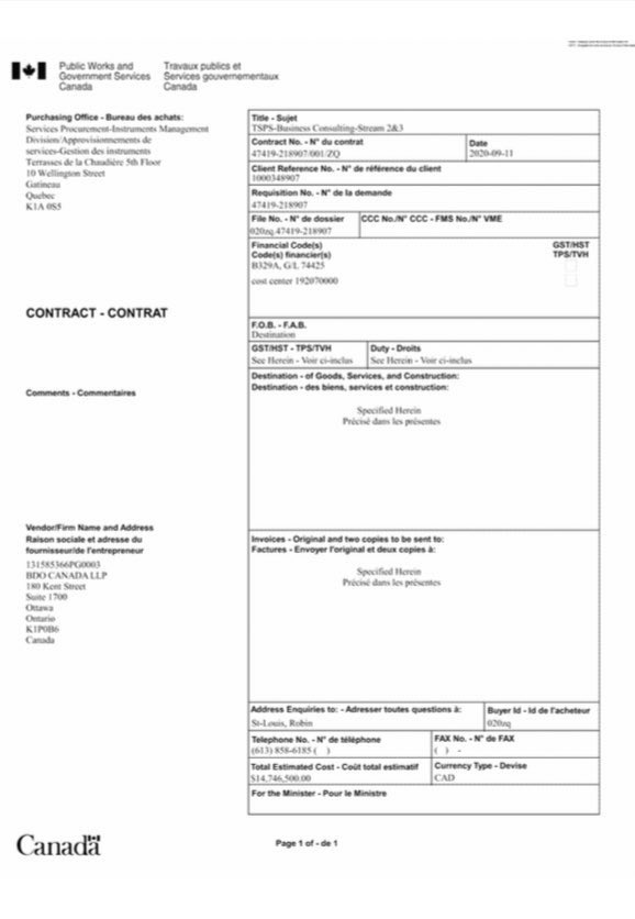 RealAndyLeeShow's tweet photo. The Government of Canada signed a three year contract with BDO Canada to develop and/or maintain ArriveCAN for $14,746,500 - $13,050,000 was for “professional fees.” How many professionals does that buy?

Six. The fees are redacted, but an average yearly salary would be $725,000. https://t.co/rm75xoE4aP