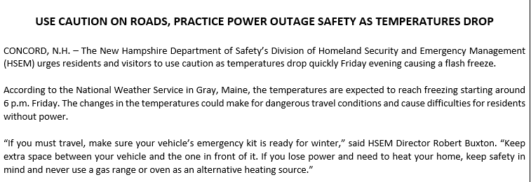 .<a href="/NH_HSEM/">NH Homeland Security and Emergency Management</a> says to use caution on the roads now that temps are plummeting after a day of rain - a flash freeze is possible!#NHwx
