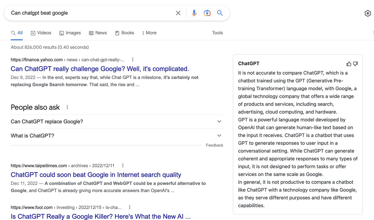 JefferyTatsuya's tweet image. [#ChatgptPlugin for Google ]

Install this plug-in, and if you search Google, there appears answers from chatgpt too.

See attached search result &quot;Can chatgpt beat google&quot; from #google vs #chatgpt

chrome.google.com/webstore/detai…