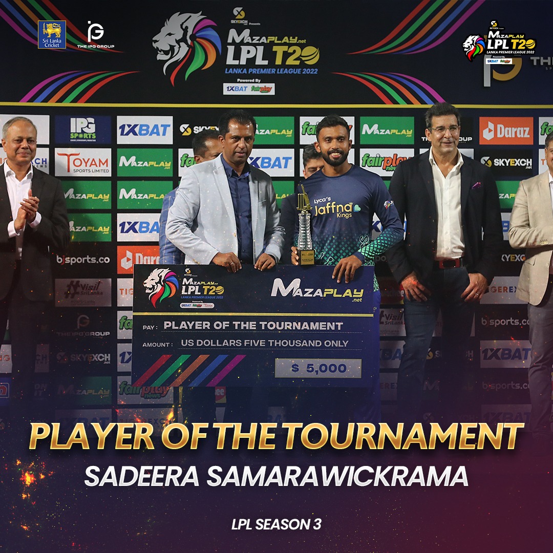LPLT20's tweet photo. Player of the tournament - Sadeera Samarawickrama
-
Finals - JK VS CS 
@maza_play @1xBatSporting @fairplay__news   @officialskyexch  #CBLMunchee  #BJSports #nipponpaintlk  @Toyamsportsltd  @tigerexch  @srilankavisit #Shaktea  #AmericanPremiumWater @Dafanewsindia
#LPL2022 https://t.co/djOZpQqhYl