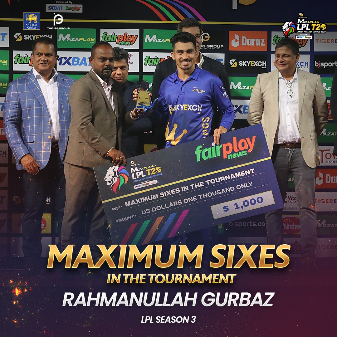LPLT20's tweet photo. Maximum Sixes in the tournament - Rahmanullah Gurbaz
Finals - JK VS CS
@maza_play @1xBatSporting @fairplay__news   @officialskyexch  #CBLMunchee  #BJSports #nipponpaintlk  @Toyamsportsltd  @tigerexch  @srilankavisit #Shaktea  #AmericanPremiumWater @Dafanewsindia
#LPL2022 https://t.co/LVsikNtGmK