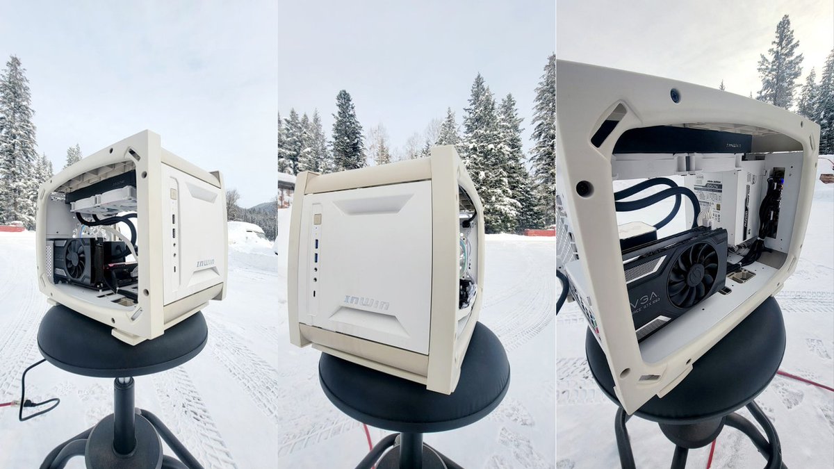 InWin's tweet image. Dreaming of white Christmas? #TpbMods obliges by bringing his #InWin EXPLORER Bone White build to do some frost gaming. 😛 Let it snow!