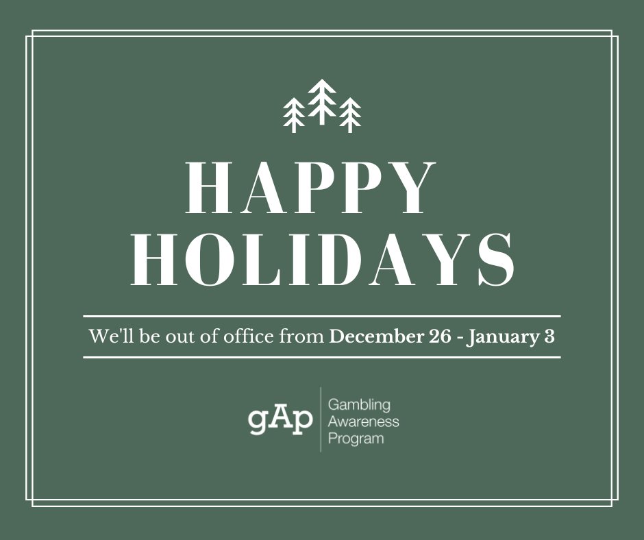 ProgramGAP's tweet image. Happy Holidays from the GAP team! 😊 We will be out of the office from December 26th to January 3rd. 

If you or a loved one are struggling with gambling this season, contact the Saskatchewan Problem Gambling Helpline at 1-800-306-6789 or visit spgh.ca