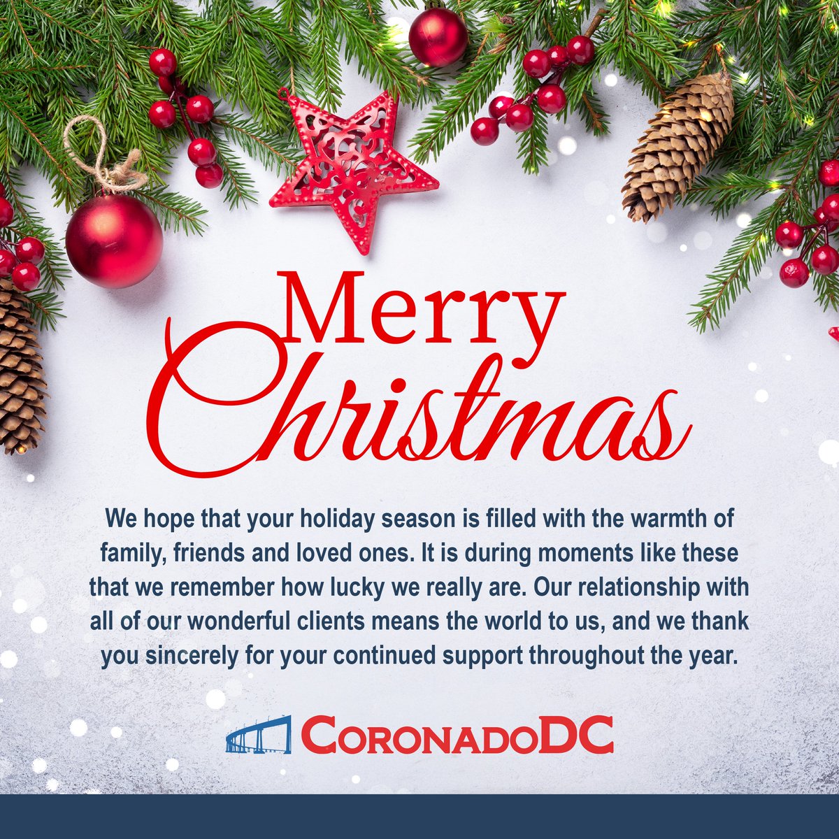 CDistribution's tweet photo. Here at CoronadoDC, we want to wish you a joyous and Merry Christmas! We feel incredibly grateful for everyone’s support this year and we are already planning a wonderful 2023. From our family to yours - have a marvelous holiday season!

#veteran #VeteranOwnedCompany #SDVOSB https://t.co/b0nHSv0SYU