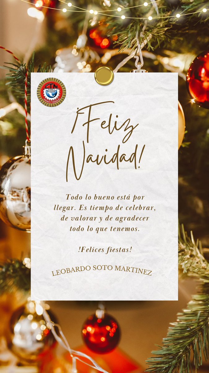 <a href="/leobardosoto/">Leobardo Soto</a> y la <a href="/CTMPuebla/">CTM_FTPuebla</a> desean que tengan una Feliz Navidad 🎁🎄 y un año 2023 lleno de Salud y éxitos para los más de 85 mil agremiados en #Puebla “Seguimos trabajando para beneficiar a las y los compañeros trabajadores” <a href="/_LeoSoto/">Leo Soto Enríquez</a> <a href="/arturo_sotom/">Arturo Soto Martínez</a> <a href="/ssotomtz/">Salomón Soto Martínez</a>