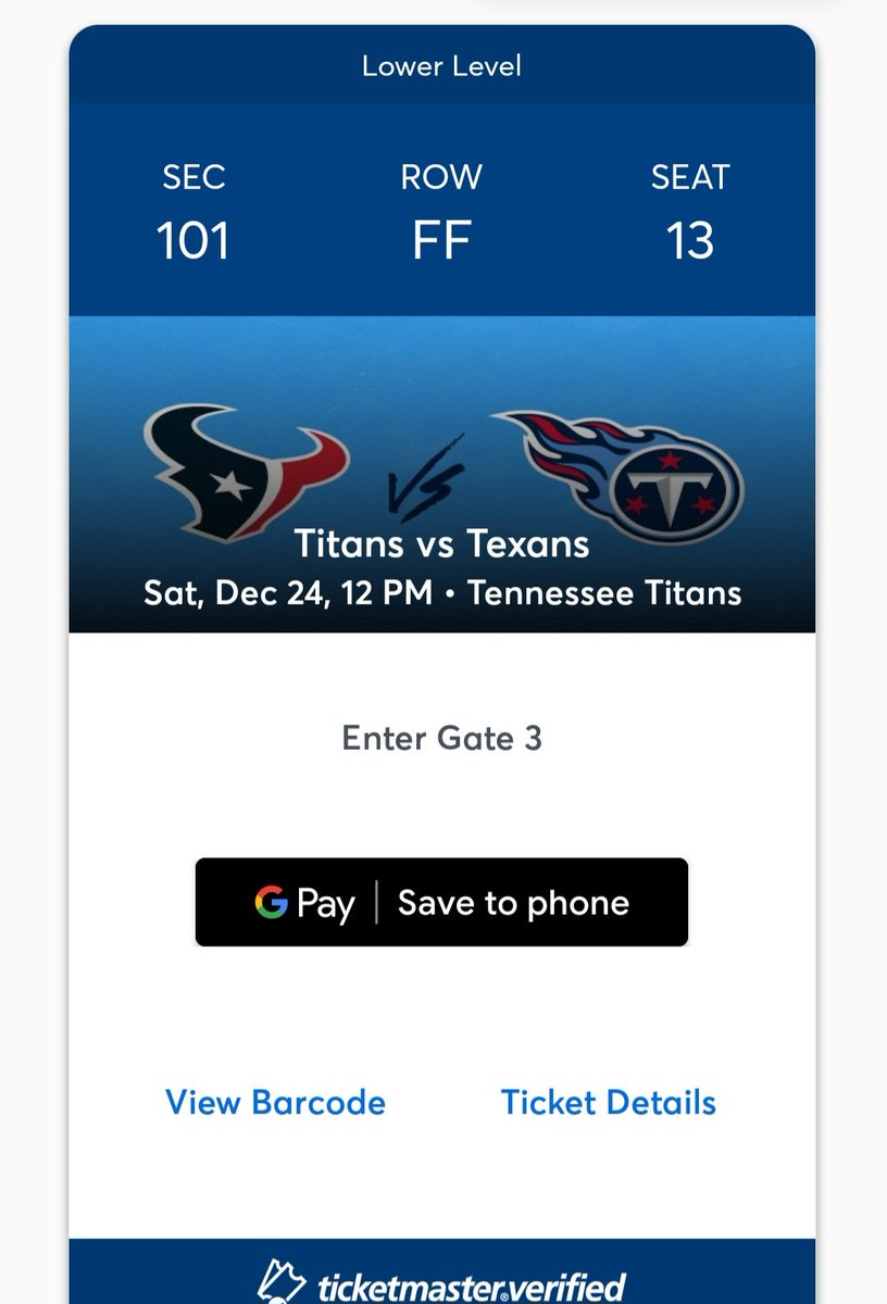 Hodges_Jenni's tweet photo. Selling my @Titans tickets for the @HoustonTexans game @NissanStadium tomorrow. Lower bowl, endzone, 2 tickets, $50 each. https://t.co/2MlsZCkn33