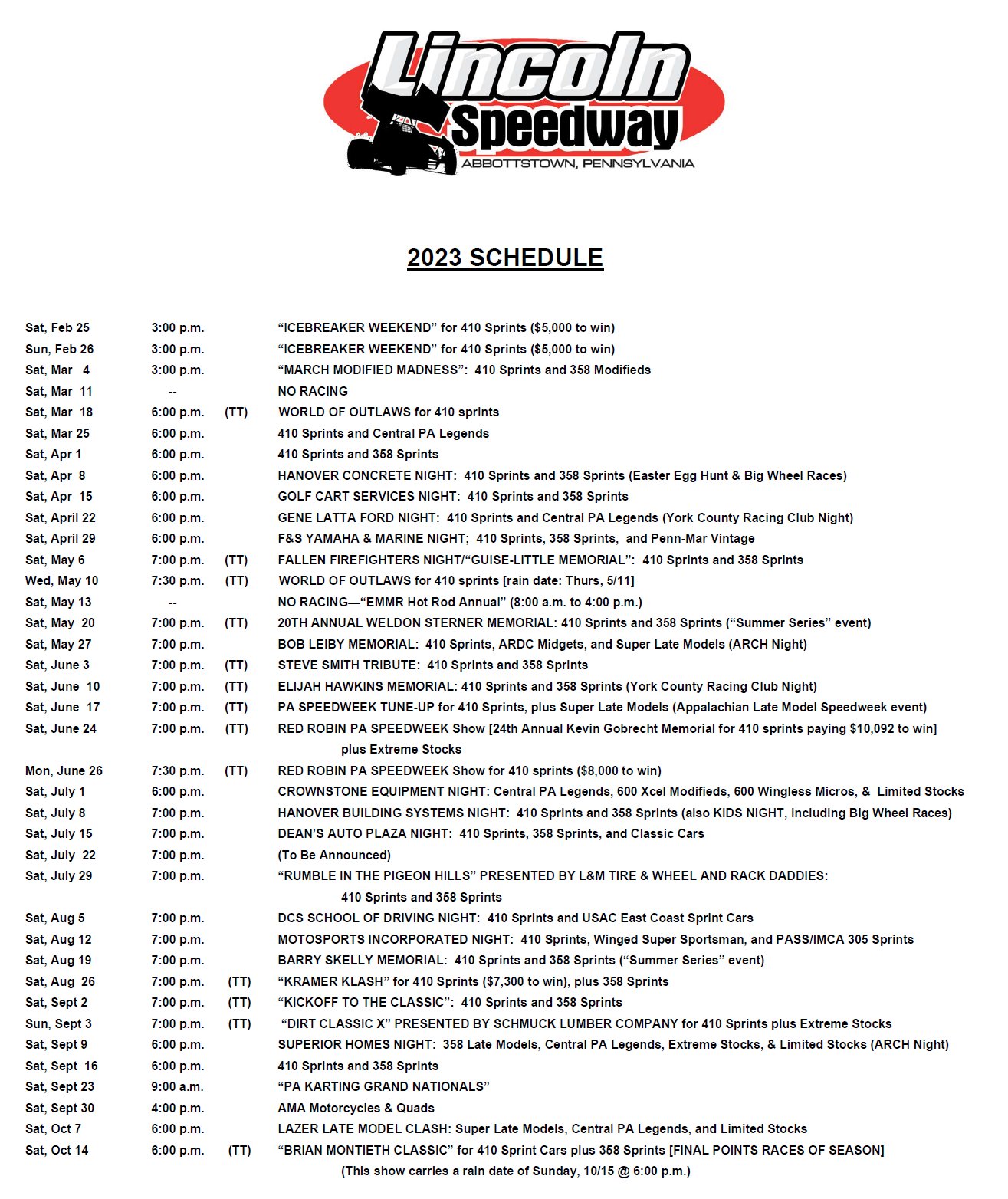 Lincoln Speedway on Twitter "2023 Lincoln Speedway Schedule is Set