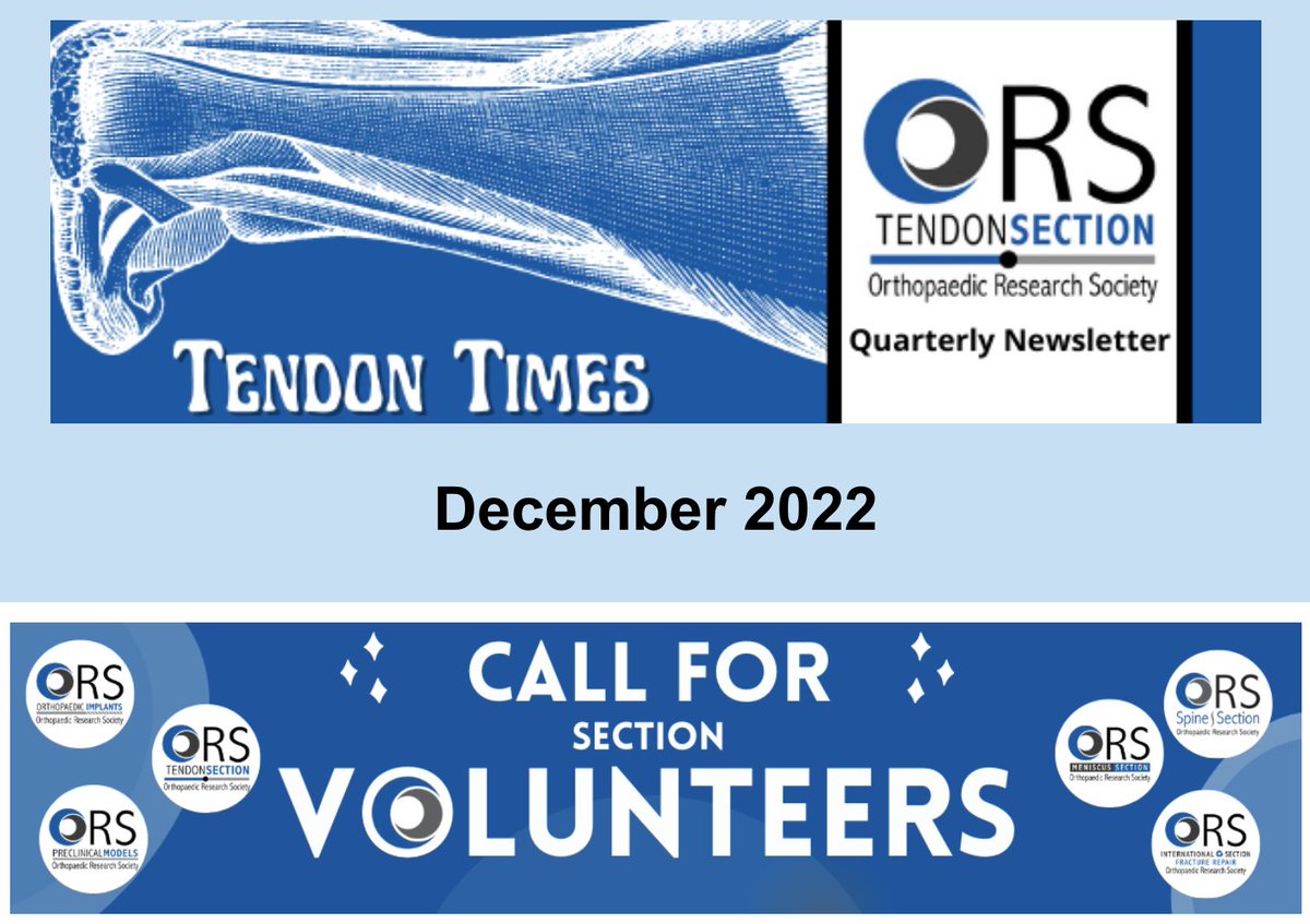 ORS Tendon Section (@ors_tendon) on Twitter photo Check out the December 2022 #TendonTimes newsletter!
Member spotlights on Dr. Eijiro Maeda, <a href="/CMLuetkemeyer/">Callan Luetkemeyer</a>, <a href="/PurdueTendon/">Chad Carroll</a>, <a href="/smeetonlab/">Smeetonlab</a>, & <a href="/stephaniegcone/">Stephanie Cone, PhD</a> 🌟
Drs. Scott Rodeo, Kathe Derwin, & <a href="/BenRFreedman/">Ben Freedman</a> will speak and hold a research panel at the 2023 <a href="/ORS_Tendon/">ORS Tendon Section</a> Meeting 🦾 Check out the December 2022 #TendonTimes newsletter!
Member spotlights on Dr. Eijiro Maeda, <a href="/CMLuetkemeyer/">Callan Luetkemeyer</a>, <a href="/PurdueTendon/">Chad Carroll</a>, <a href="/smeetonlab/">Smeetonlab</a>, & <a href="/stephaniegcone/">Stephanie Cone, PhD</a> 🌟
Drs. Scott Rodeo, Kathe Derwin, & <a href="/BenRFreedman/">Ben Freedman</a> will speak and hold a research panel at the 2023 <a href="/ORS_Tendon/">ORS Tendon Section</a> Meeting 🦾
