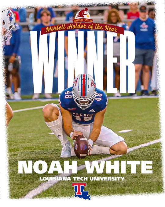 HOTY (@mortellaward) on Twitter photo Congrats to the 2022 HOTY:
🏆Noah White of <a href="/LATechFB/">LA Tech Football 🏈</a> 🏆
“This kid just did it all. He held for left & right footed kickers, executed a fake field goal, and his celebrations were top notch. He is as versatile of a holder as we’ve ever seen.”
-HOTY Committee on <a href="/white4HOTY8/">Noah White Campaign</a> Congrats to the 2022 HOTY:
🏆Noah White of <a href="/LATechFB/">LA Tech Football 🏈</a> 🏆
“This kid just did it all. He held for left & right footed kickers, executed a fake field goal, and his celebrations were top notch. He is as versatile of a holder as we’ve ever seen.”
-HOTY Committee on <a href="/white4HOTY8/">Noah White Campaign</a>