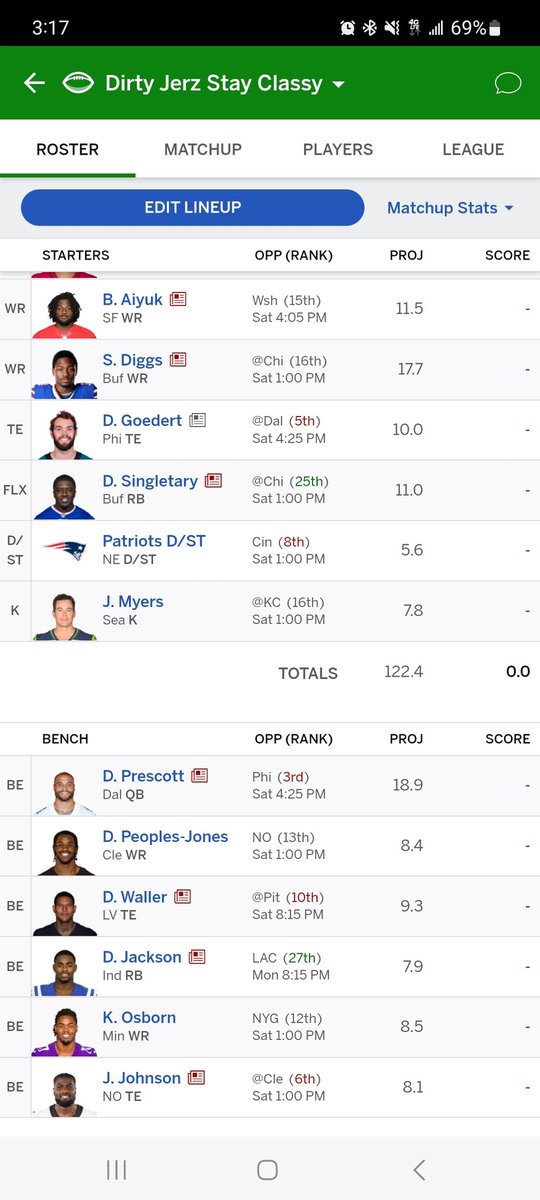 Tone_Def_In_FL's tweet photo. @adamrank Help with my lineup Semi Finals, 14 team league. Can't decide TE, and Flex https://t.co/0tBRICrcmt