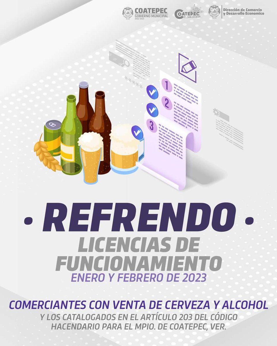 Se hace la cordial invitación a los propietarios de comercios establecidos con venta de cerveza y alcohol, así como los demás catalogados en el Código Hacendario de Coatepec, a realizar su refrendo anual con la finalidad de evitar multas y su posible cancelación.