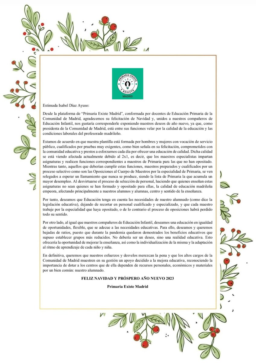 Palydav's tweet photo. Esperemos que el próximo curso podamos ejercer nuestra profesión con calidad, y que nuestros derechos se respeten.
@primariaresiste 
#FelizNavidadAyuso 
#primariaexisteyresiste https://t.co/5vq2h5y5I6