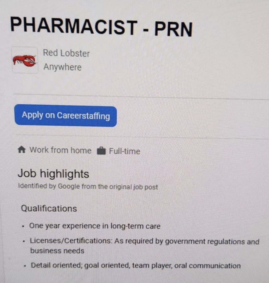 Dan Arendt Pharm.D., BCPS (he/him) (@arendtdr) on Twitter photo Okay, you got me.
I’m intrigued by this opportunity <a href="/redlobster/">Red Lobster</a>
is this real or is it just a shell corporation?
Either way, let HR know that I will happily accept payments in the form of cheddar bay biscuits.
#TwitteRx Okay, you got me.
I’m intrigued by this opportunity <a href="/redlobster/">Red Lobster</a>
is this real or is it just a shell corporation?
Either way, let HR know that I will happily accept payments in the form of cheddar bay biscuits.
#TwitteRx
