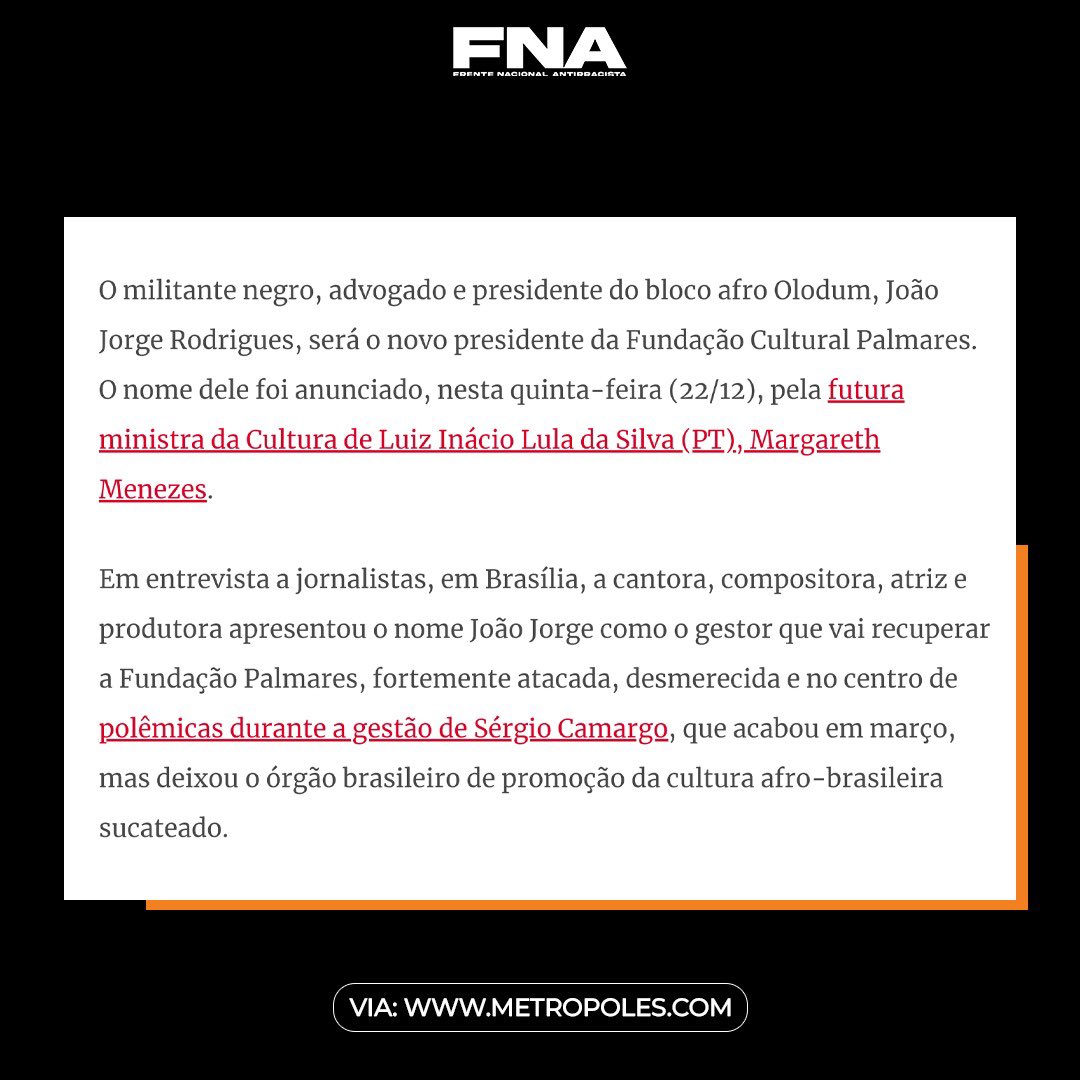 Militante, advogado e presidente do bloco afro Olodum, João Jorge Rodrigues (@joaojorgeAkan), será o novo presidente da Fundação Cultural Palmares (@fundacaopalmares)! ✊🏾🖤