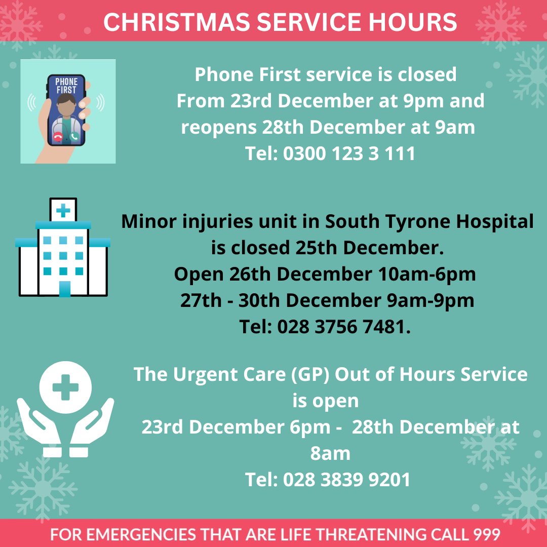 The Urgent Care (GP) Out of Hours Service is available for serious urgent problems that cannot wait until your own GP surgery reopens Tel: 028 3839 9201

For help choosing the right service
nidirect.gov.uk/articles/how-u…

A-Z Symptom Checker
nidirect.gov.uk/campaigns/illn…