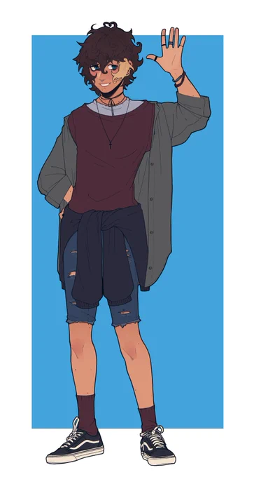 gonna switch to human ocs now to mix it up This is Nefrit, hes my babygirl after a being pronounced dead for a minute after a car crash he finds hes connected to the spirital plain so he starts up a ghost hunting youtube channel, hes also in a band and is also divorced 