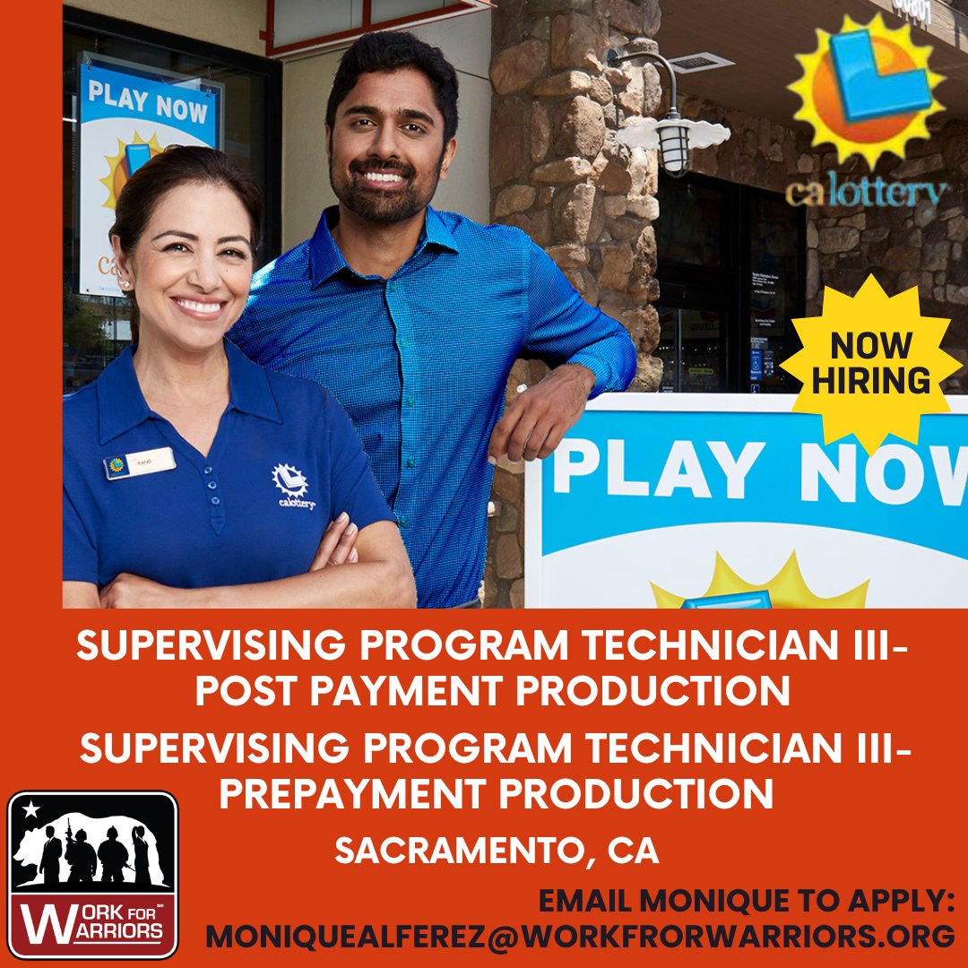 #hitthejackpot with one #careeropportunities w/ 
@calotto in #sacramento! Both #supervising positions salary range from $4,338 - $5,436 monthly. Email Monique to apply monique.alferez@workforwarriors.org #calottery #careers #hireaveteran #workforwarriors #staffingredefined