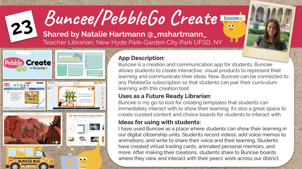 shannonmmiller's tweet photo. It's Day 23 of the 35 Days of Digital Tools & Apps from #FutureReadyLibs! 🎄
Today, my amazing friend @_mshartmann_ is sharing @Buncee @CapstonePub #PebbleGoCreate 🎉
Find uses for FRL's and our students here...
https://t.co/00axPDLH1y
#tlchat #edtech #ISTElib @NHPGCP https://t.co/2riDomxJGa